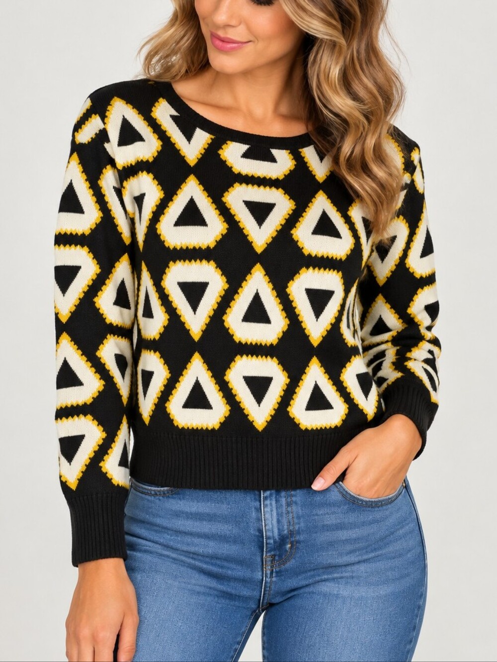 H&M Women’s Black Yellow Geometric Wool Blend Knit Sweater Size 2